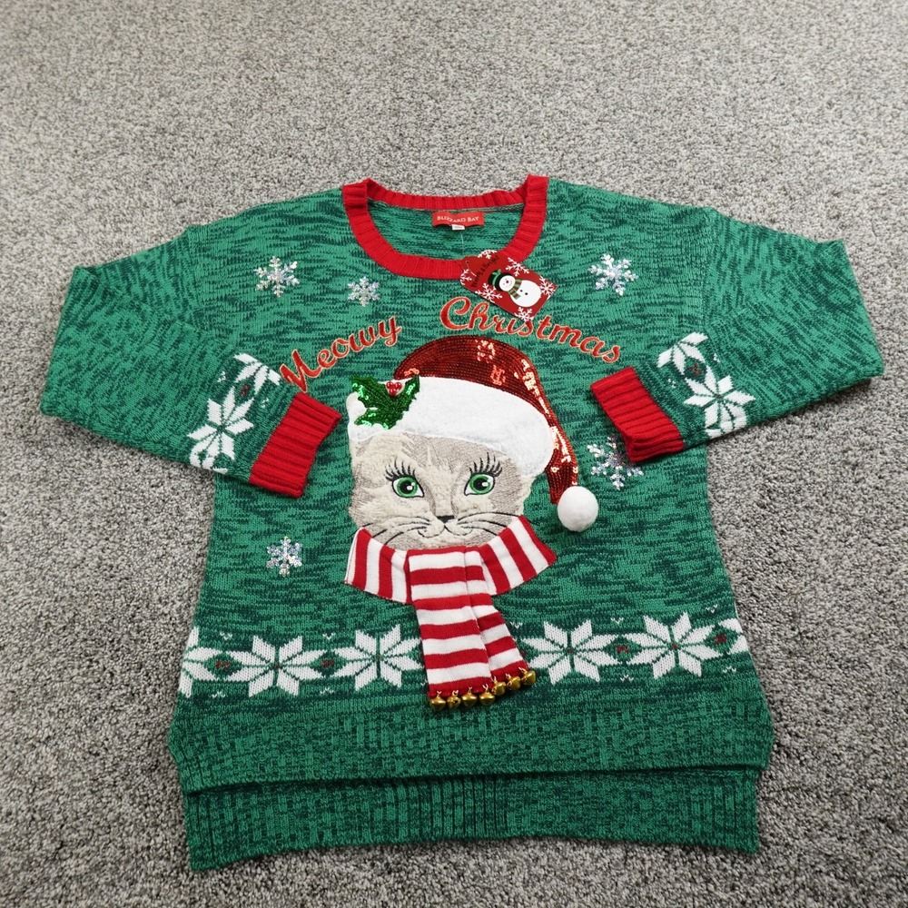 NEW Blizzard Bay Sweater Mens S Green Cat Santa Ugly‎ Christmas Holiday Crewneck